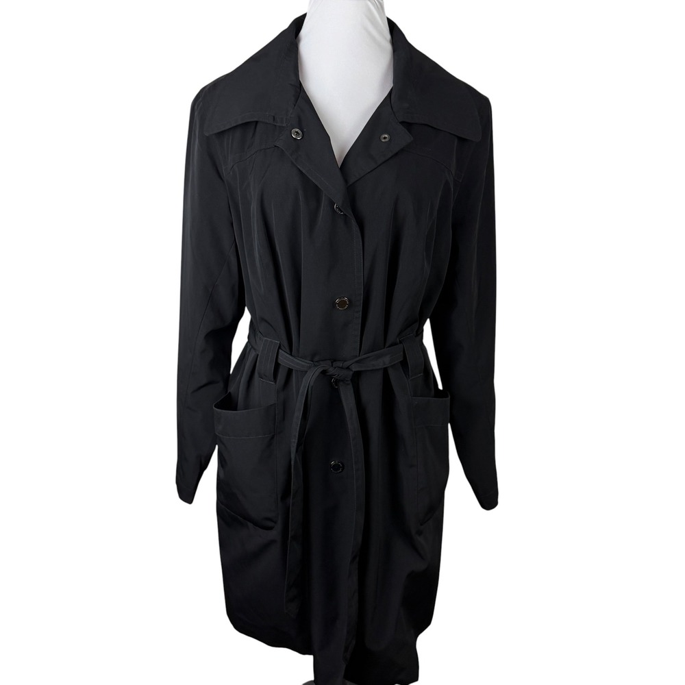 London Fog Women's 1X Black Trench Coat Belted Snap Front Mid Length 2 Pockets
